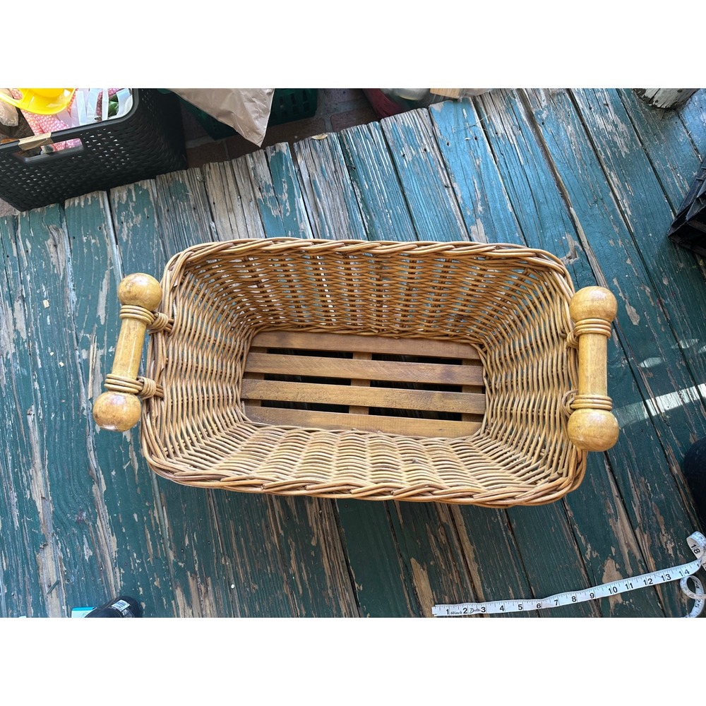 Vintage Wicker Storage Basket Wood Slat Bottom Chunky Handles Indonesia 18x11x7